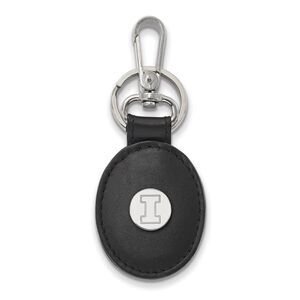 Sterling Silver U of Illinois Black Leather Logo Key Chain